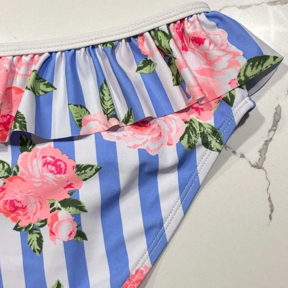 Betsey Johnson Girls Blue Striped Floral Ruffles Bikini Bottom 2 PC Swim Suit 12